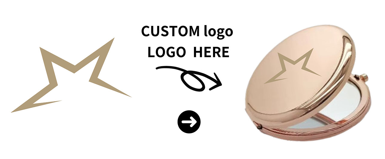 A customizable compact mirror showing options for custom logo placement.