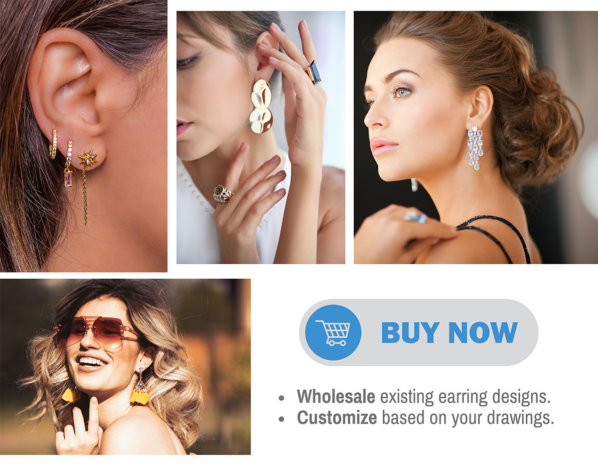 A collage showcasing a wide variety of wholesale earring designs, including hoops, studs, and dangles in different metals and colors.