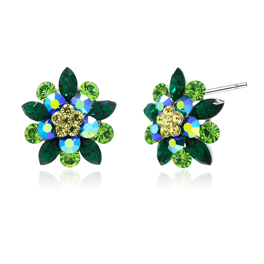 A pair of Greeny Stud Flower Ear Posts showing the vibrant crystal colors
