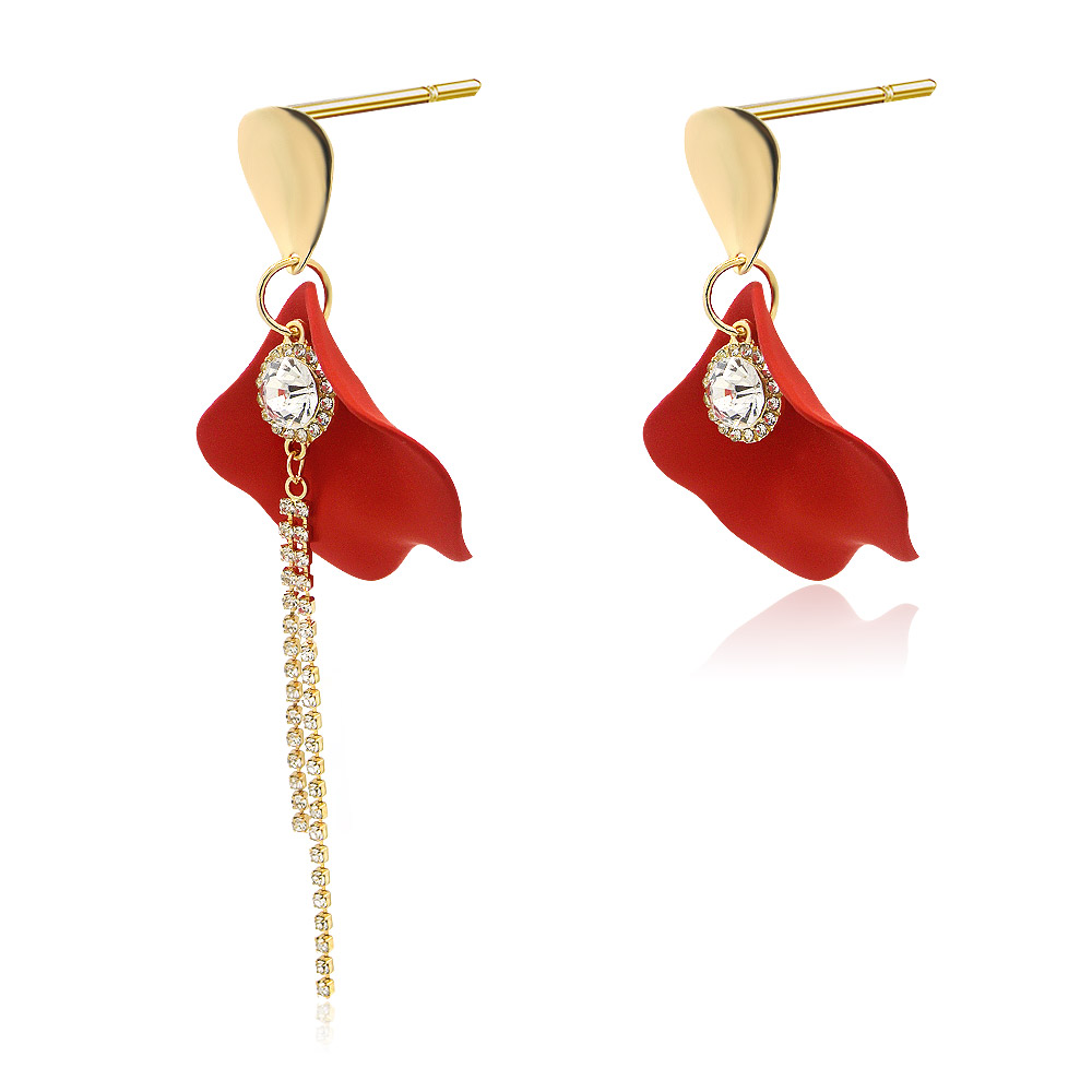 Detailed view of the asymmetrical design of the rose petal earrings