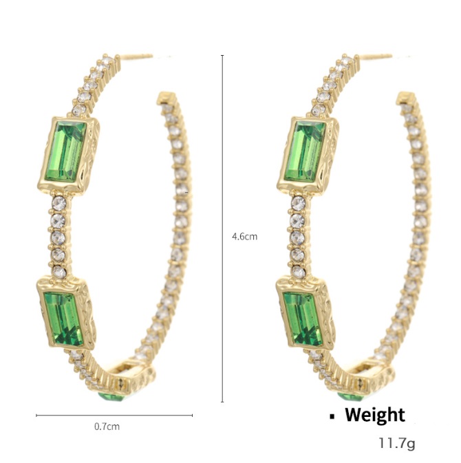 Detailed view of Emerald Green CZ Hoop Earrings with dimensions