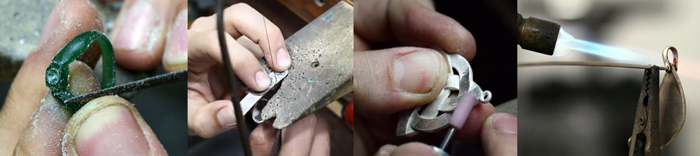 Various stages of the jewelry making process, from wax molding to metal finishing.