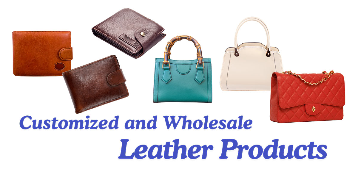 A diverse collection of custom leather bags, wallets, and purses offered by JR Fashion Accessories.