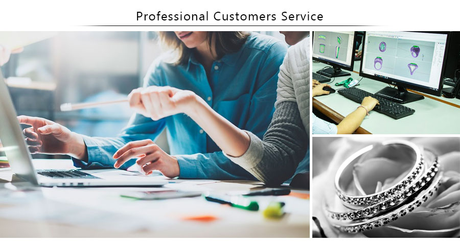A collage showing professional customer service and design capabilities for jewelry manufacturing.