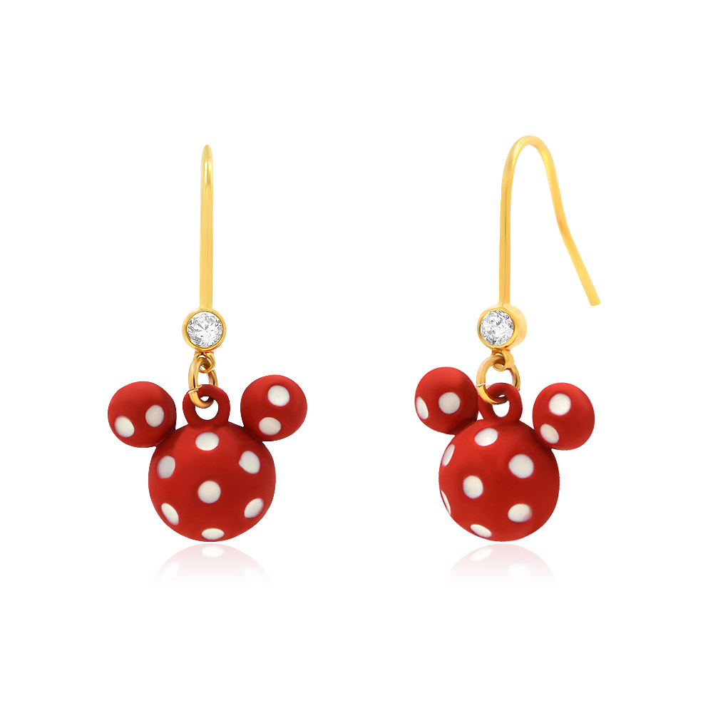 Side view of the red Mickey Mouse earrings with white polka dots