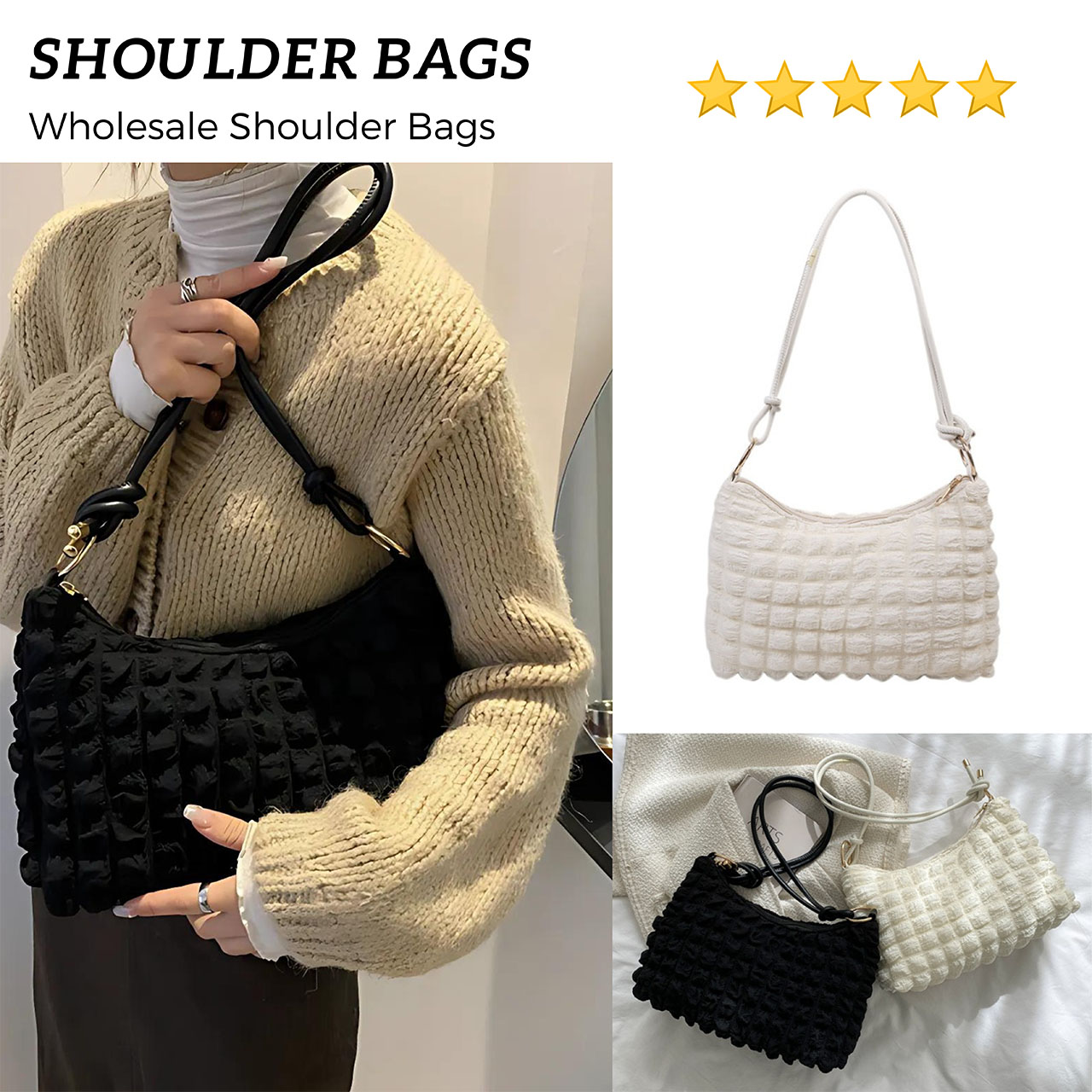 Shoulder bags with a textured, quilted design in black and white