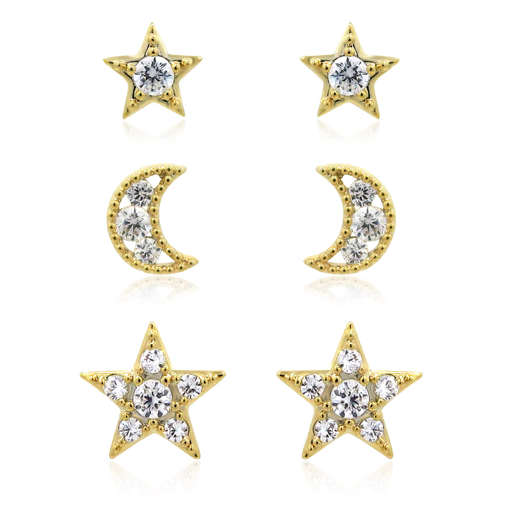 Tiny Star Moon Stud Earrings Set of Three Pairs Wholesale | JR Fashion ...