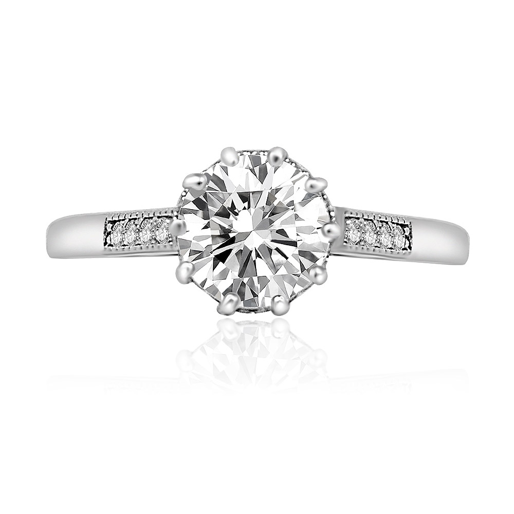 10 Prong Round Cut Ring with Single Row Pave Accents Ring Manufacturer ...